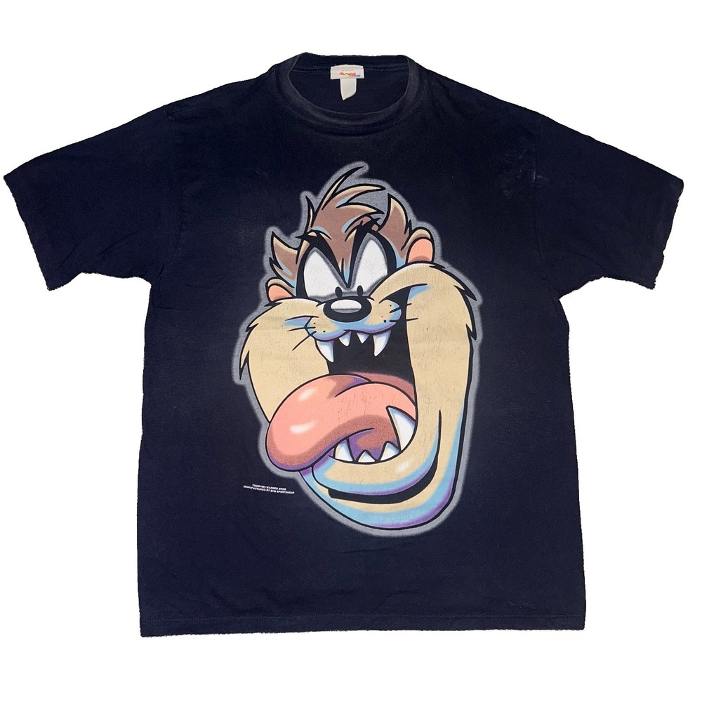 Rare Vintage 1995 Looney Tunes Taz Cartoon Big Face Graphic Navy T Shirt Men XXL